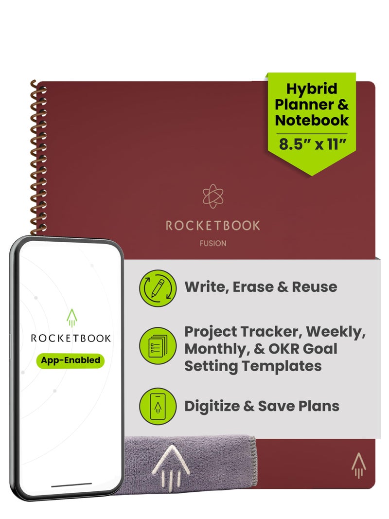 Rocketbook Fusion Reusable Undated Productivity Planner, Letter Size 8.5x11, Maroon - Goals, Monthly and Weekly Calendar, Daily To-do List, Lined and Dotted Notes Pages - Image 1